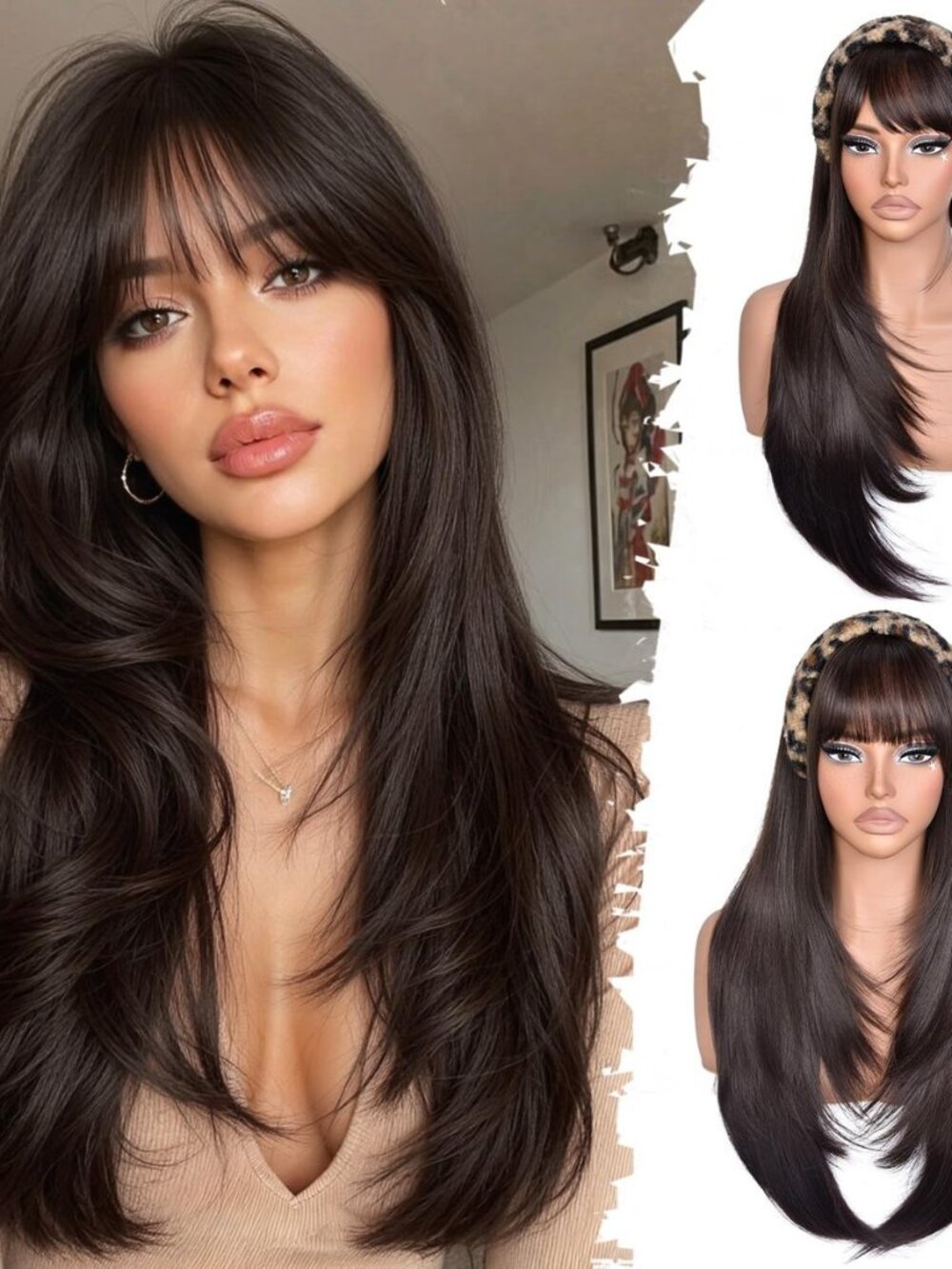 Long Layered Brown Wig with Bangs Straight Synthetic Wigs for Women 26 Inch
